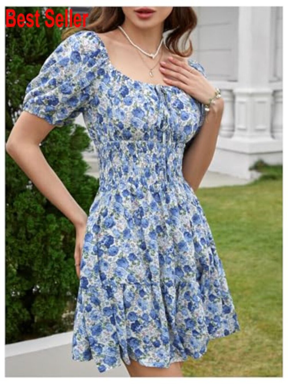 Polyester Boho Square Neck Puff Sleeve A-Line Mini Dress - Picture 3 of 6
